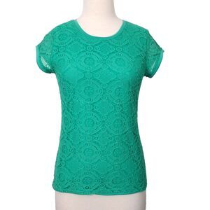 Ace + Ally T Shirt Top Lace Overlay Short Sleeve Comfy Soft Size Small Green NWT